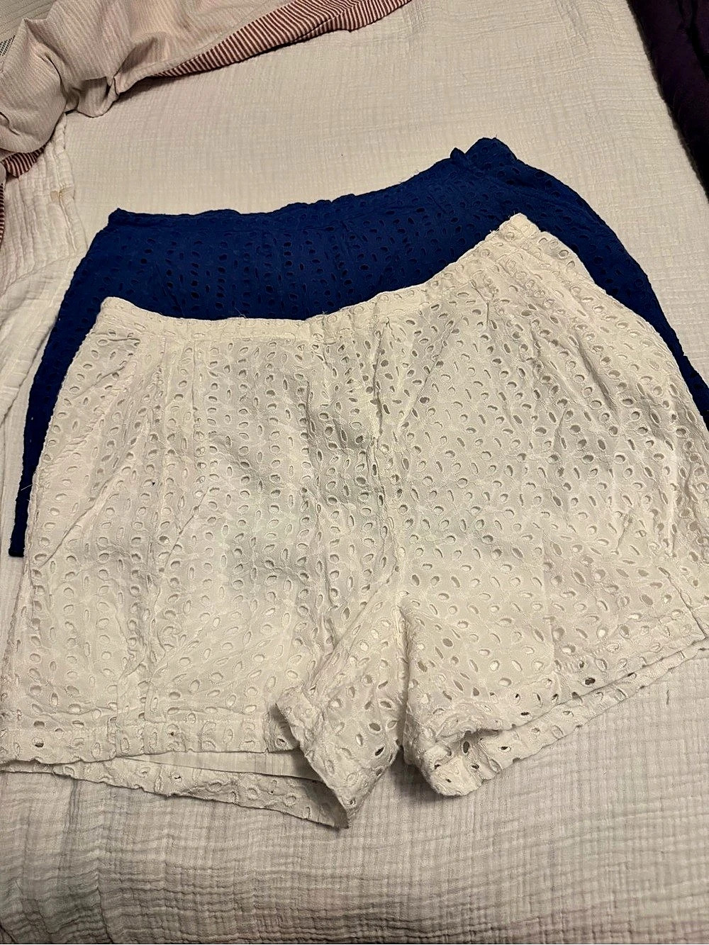 August Silk Eyelet Shorts in White & Blue 2 pair NWOT